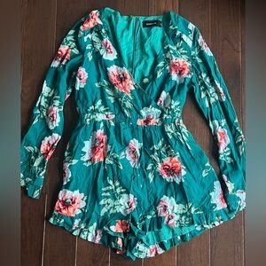 MINKPINK Teal Floral Long-Sleeve Romper